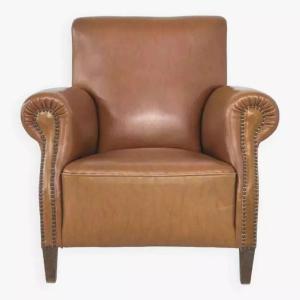 50s Club Armchair In Faux Leather And Wood