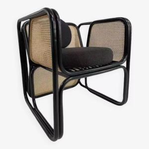 Fauteuil Cubique En Rotin Noir Et Cannage