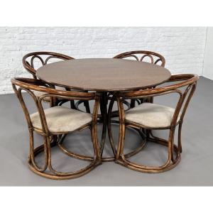 Round Oak Dining Table And Rattan Armchairs, Set Of 5