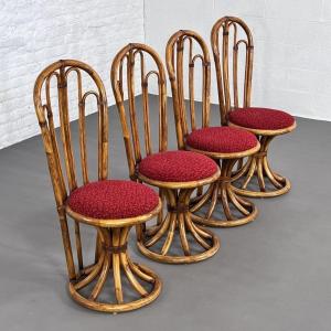 Chaises En Rotin Et Tissu, Années 60-70, Set De 4