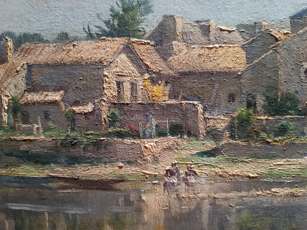 Jacques Adrien Sauzay (1841-1928) ‘’Les lavandières sur fond de village’’ -photo-3