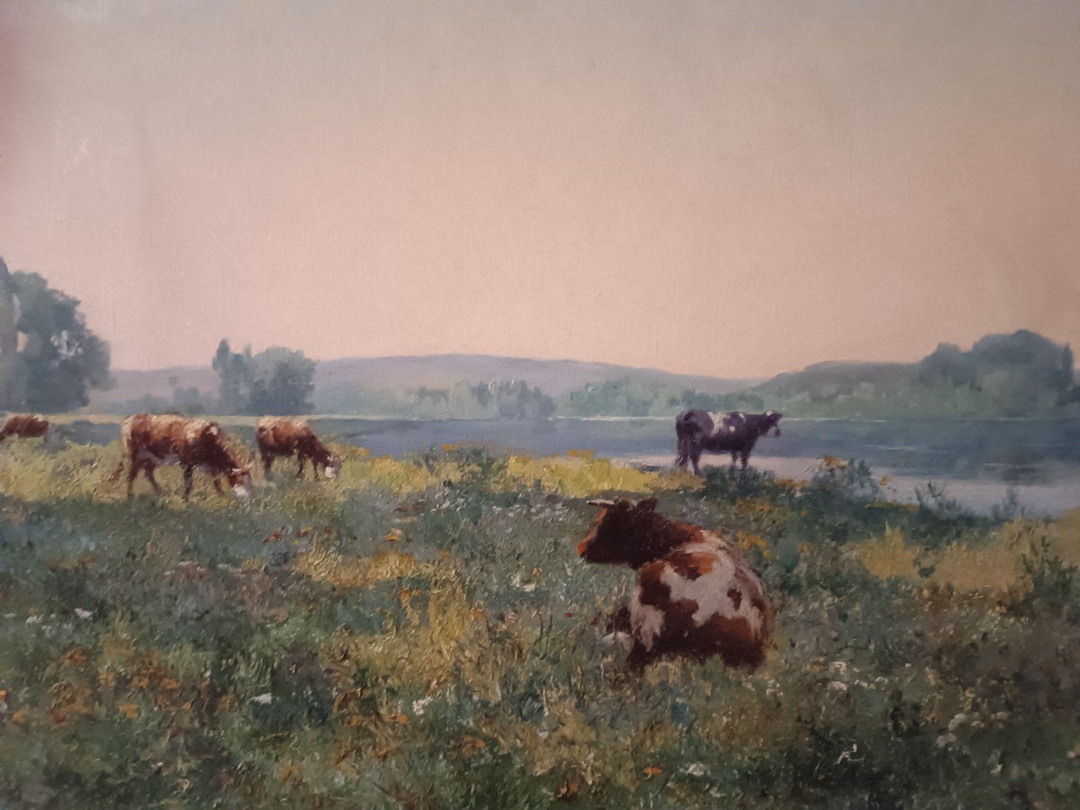 Louis Le Poittevin (1847-1909) Cows In The Meadow In Front Of The Pond-photo-2