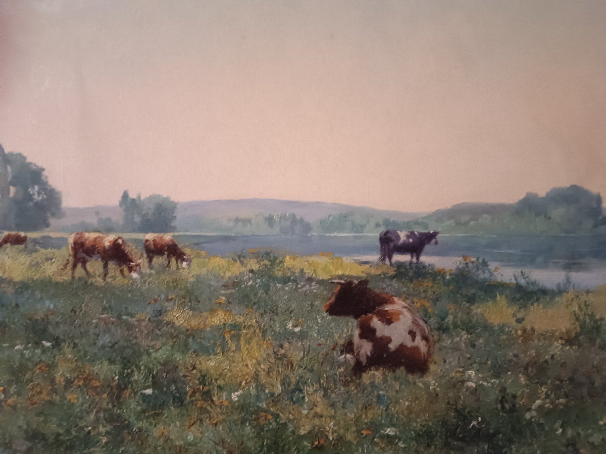  Louis Le Poittevin (1847-1909) Vaches au pré devant l'étang-photo-2