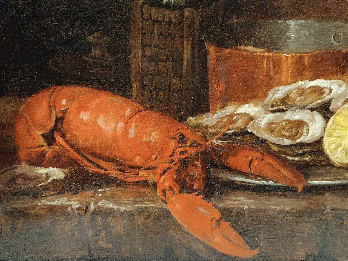 Ecole française du 19ème siècle  ‘’Nature morte au homard et aux huitres’’ -photo-2