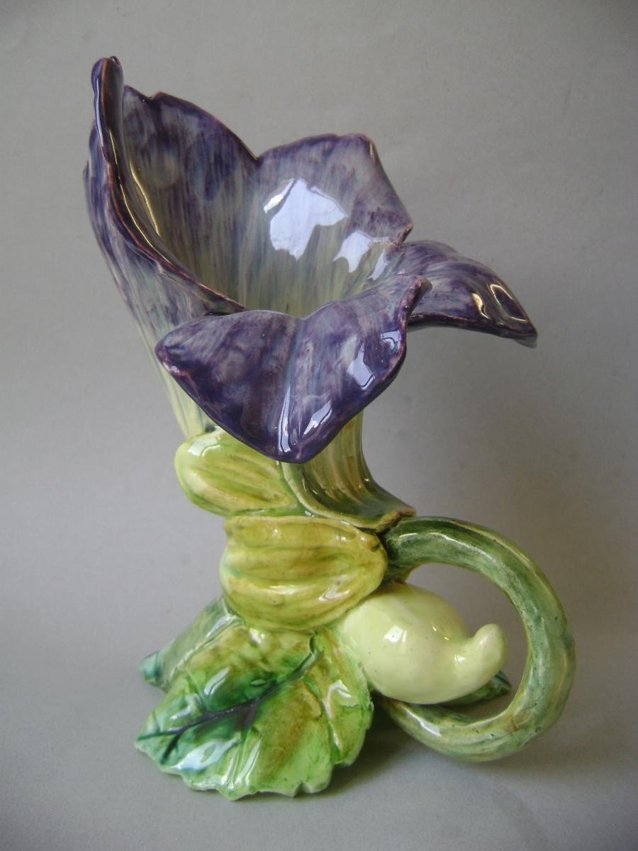 Majolica - Viola Flower Form Vase With Stem Base Signed Jerome Massier-photo-1