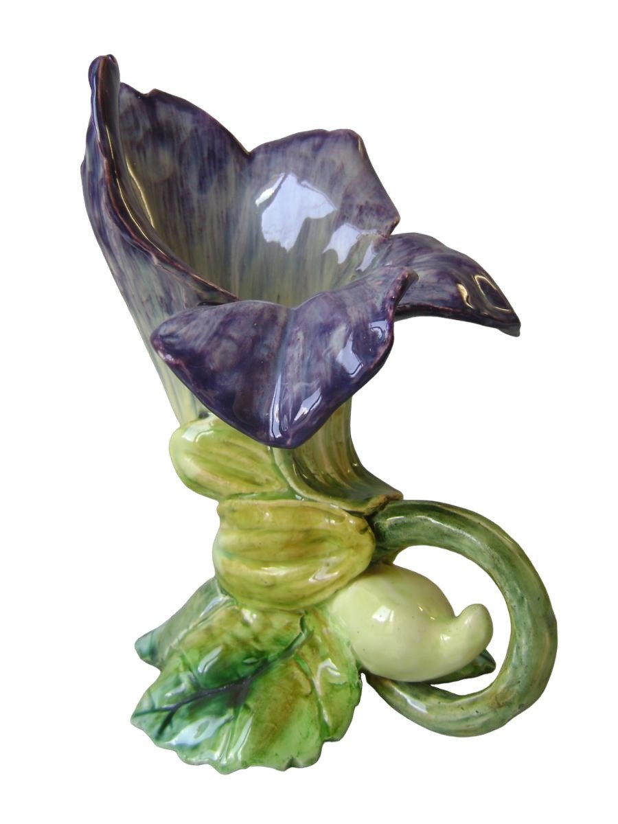 Majolica - Viola Flower Form Vase With Stem Base Signed Jerome Massier