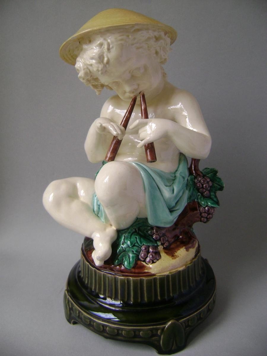 Majolica - Boy Playing Aulos By Léon Sazérat, Limoges (circa 1870)-photo-3