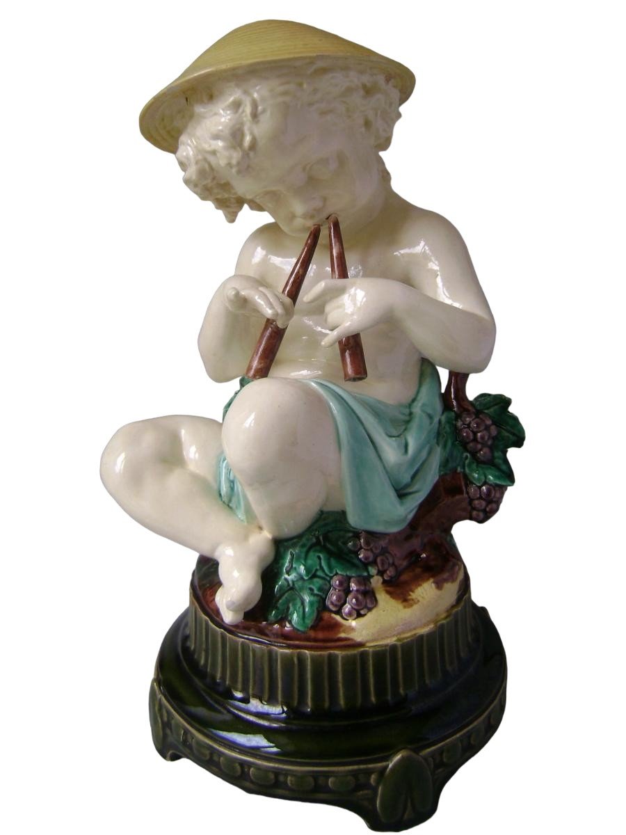 Majolica - Boy Playing Aulos By Léon Sazérat, Limoges (circa 1870)