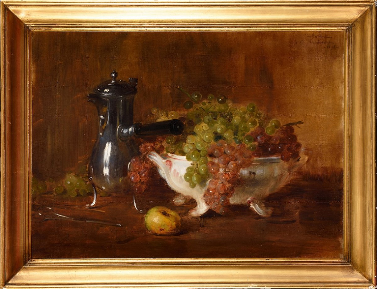 Ernest Bordes (1852 -1914) ‘’Nature morte à la verseuse et coupe de raisins’’ Huile sur toile -photo-2