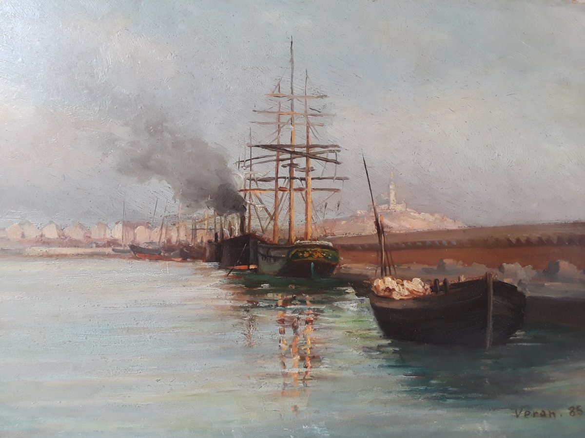 ‘’La digue du Large à Marseille’’ huile sur carton signée Veran datée 1887