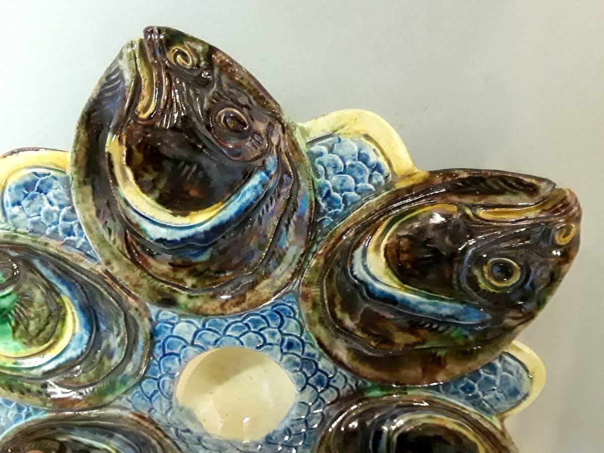 19th Century Fish Head Majolica Oyster Plate-photo-2