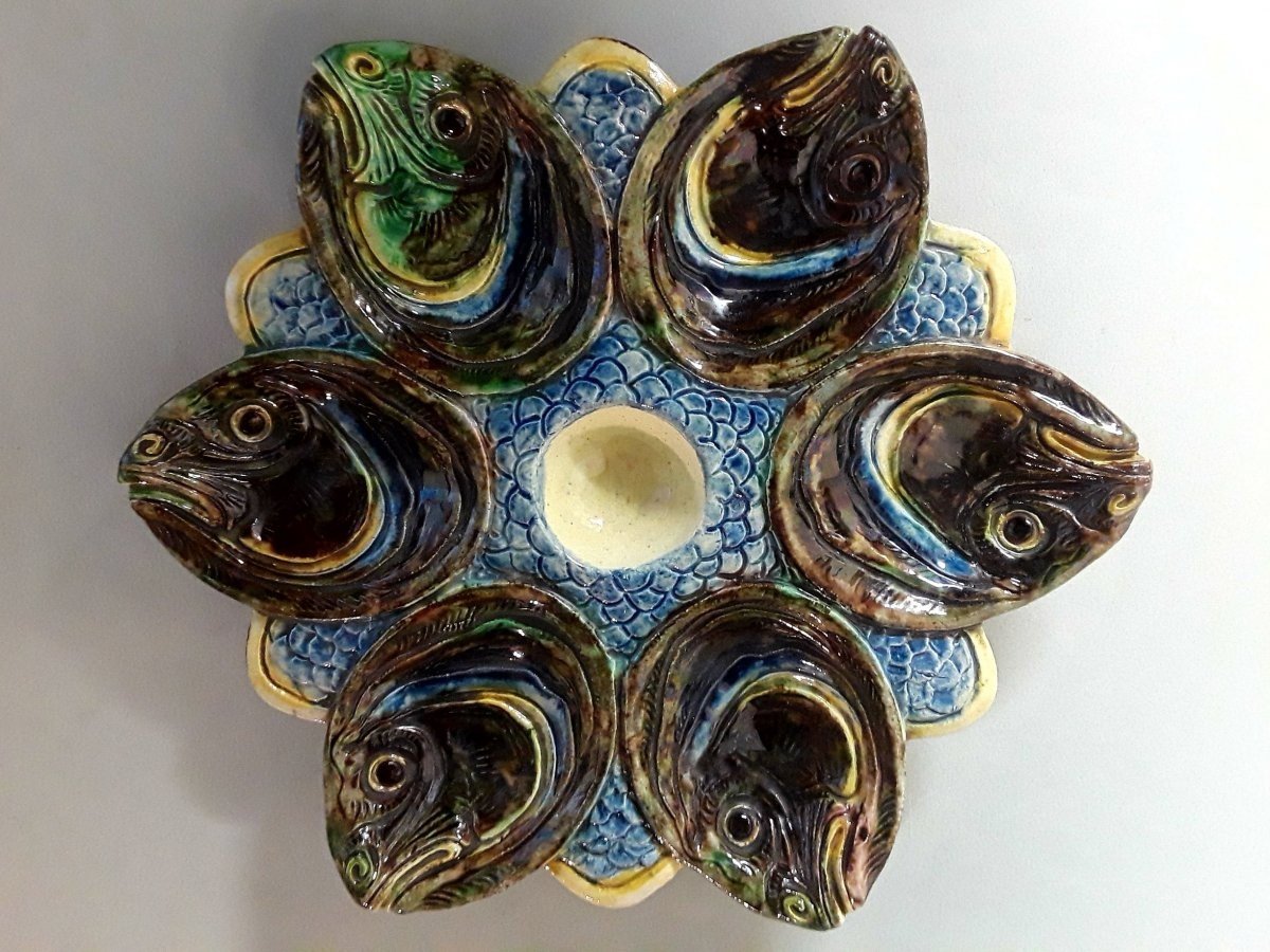 19th Century Fish Head Majolica Oyster Plate-photo-3