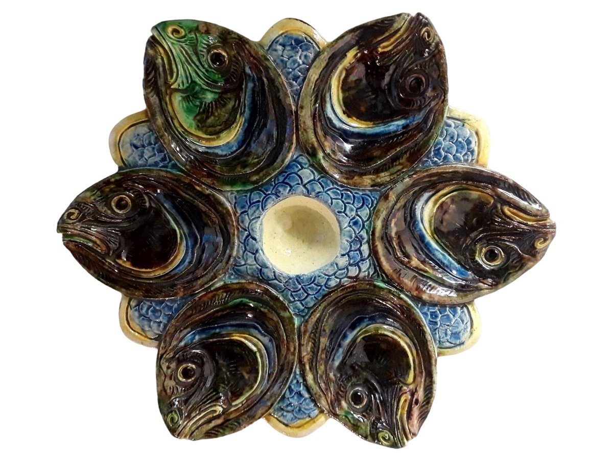 19th Century Fish Head Majolica Oyster Plate