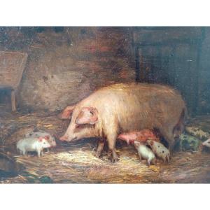 19th Century French School ''mother Pig And Piglets''