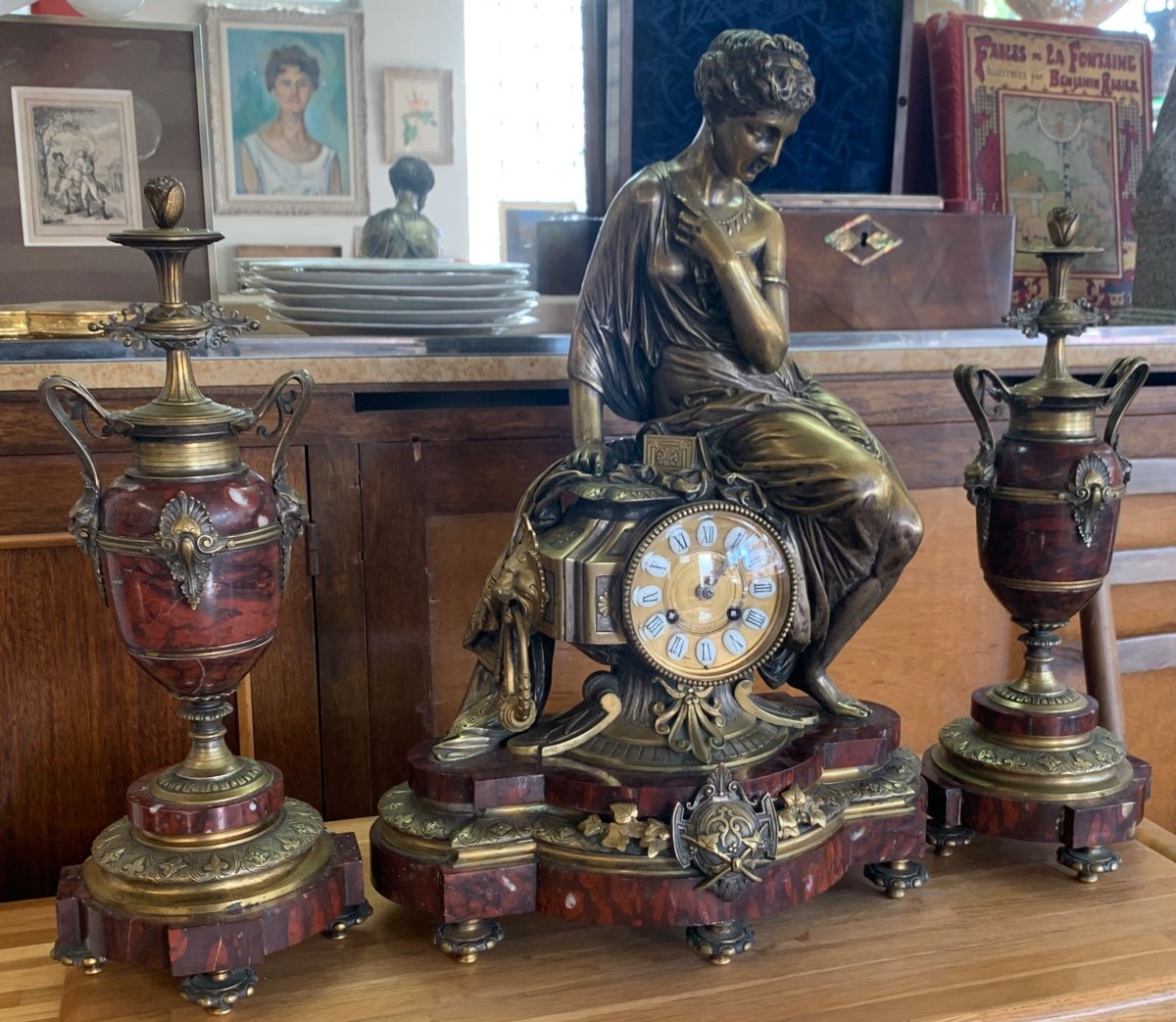 Garniture De Cheminée En Marbre Et Bronze Signée « boyer Fils Fres Paris »