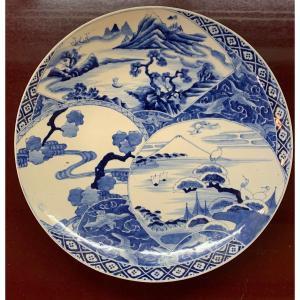 Large White Blue Porcelain Dish - Japan Late 19th Century