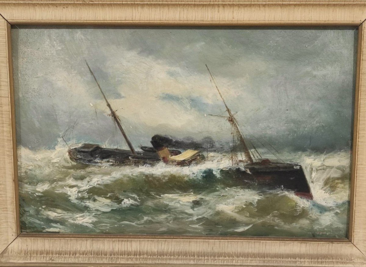 Oil On Panel 'ship At Sea In Storm', Early 1900s-photo-2