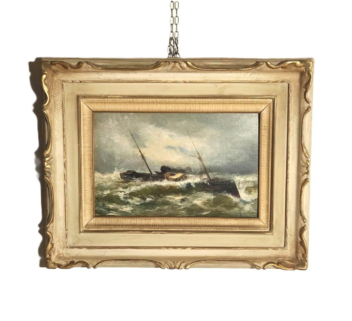 Oil On Panel 'ship At Sea In Storm', Early 1900s
