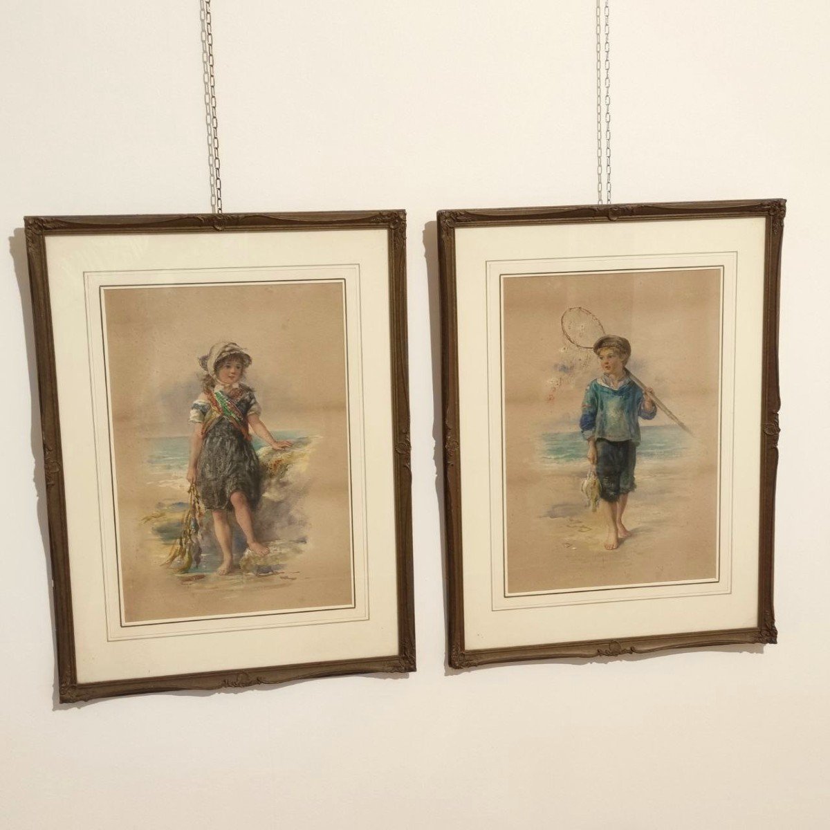 Pair Of Watercolors 'young Fishermen' By J. Drummond 19th Century.-photo-2
