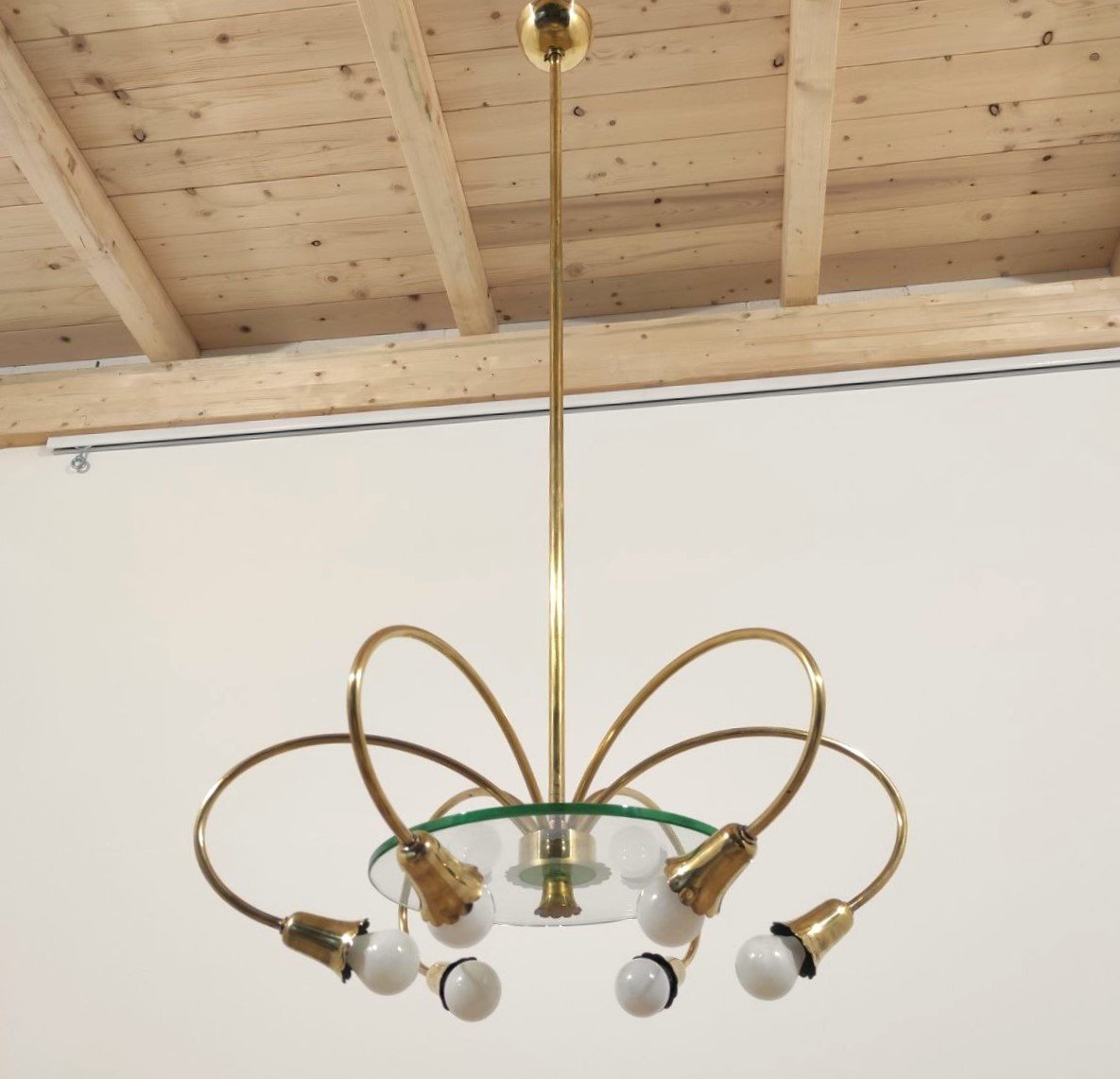 Brass And Glass Pendant Lamp, Italy, 1950s-photo-3