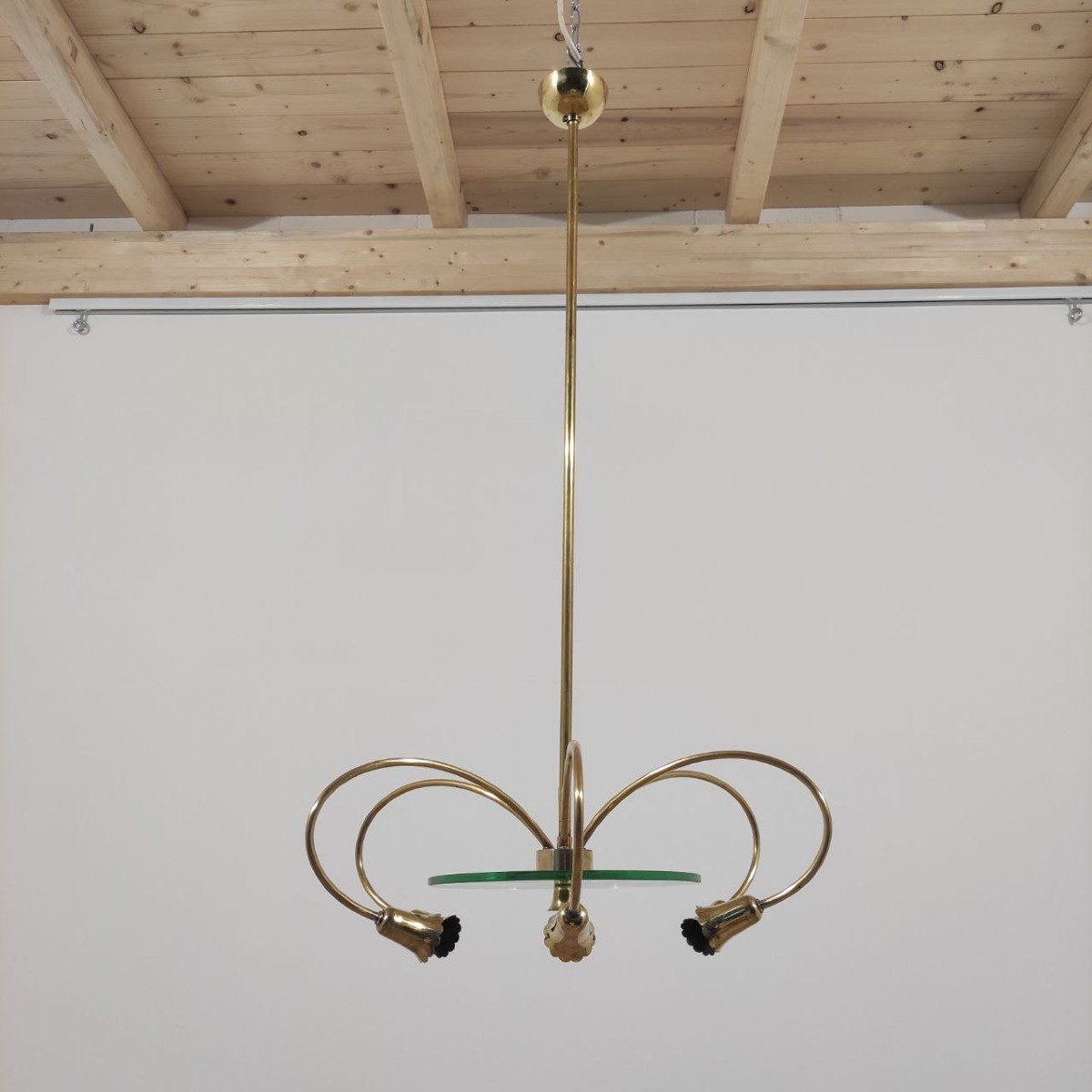 Brass And Glass Pendant Lamp, Italy, 1950s-photo-4