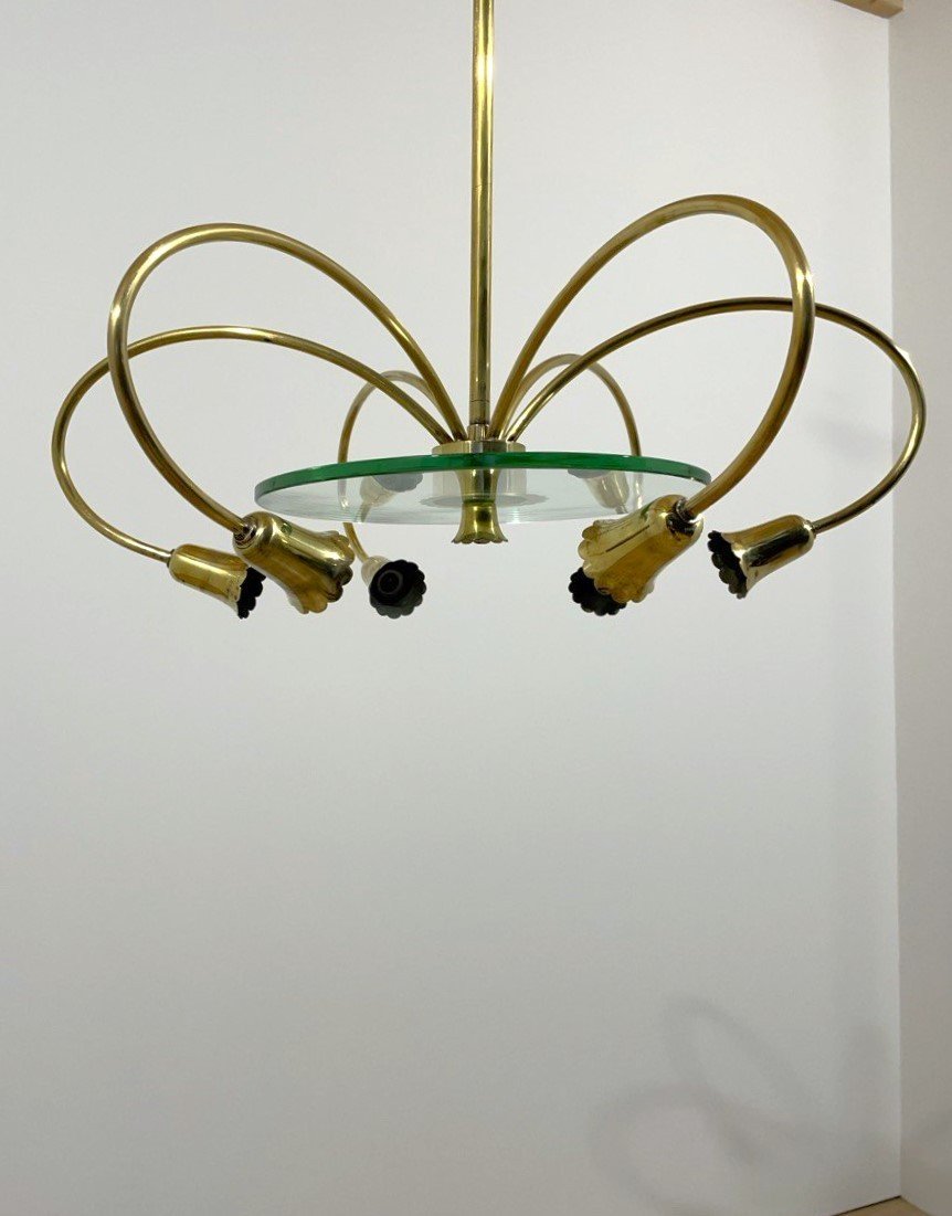 Brass And Glass Pendant Lamp, Italy, 1950s-photo-1