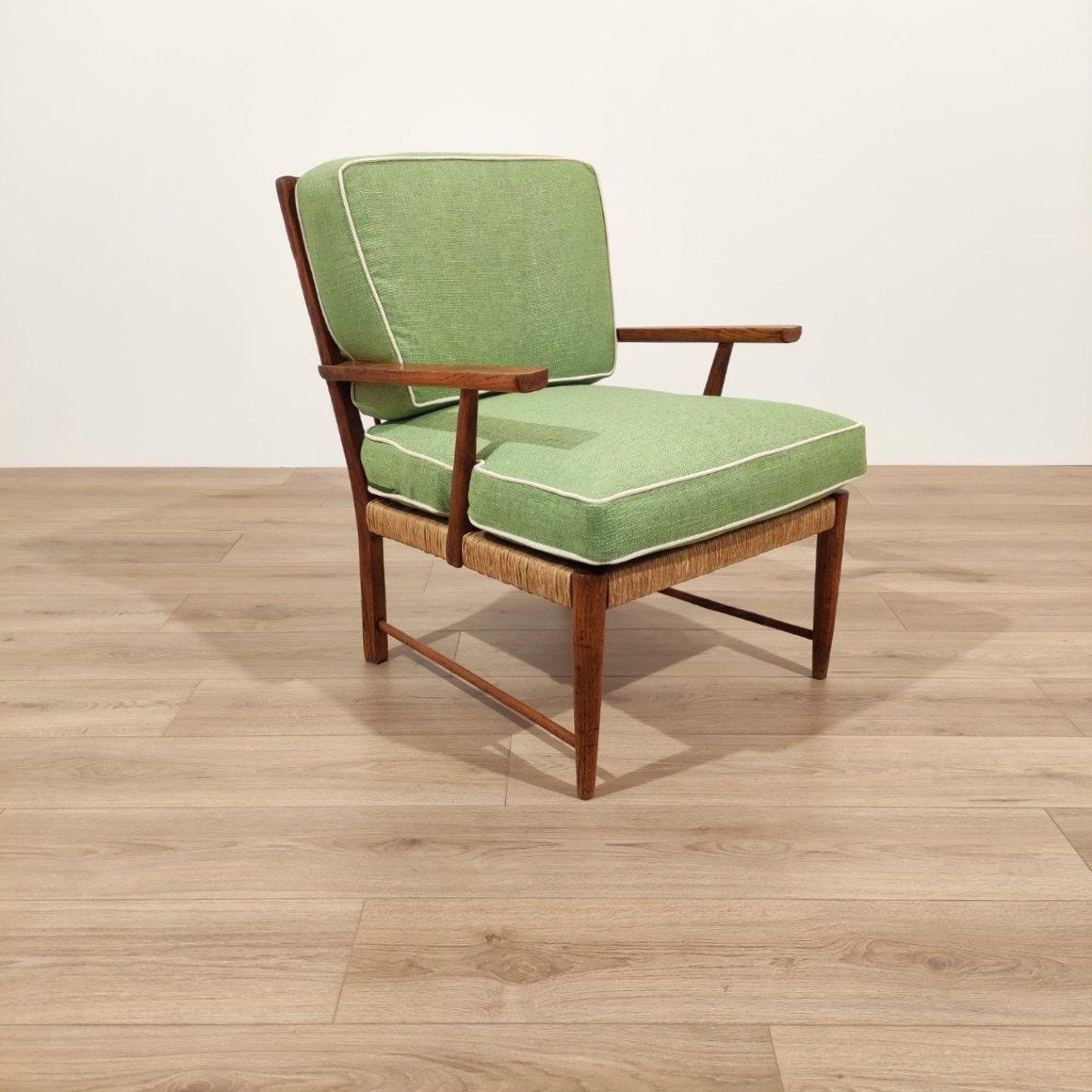 1950s Armchair, In Chestnut Wood And Woven Straw-photo-2