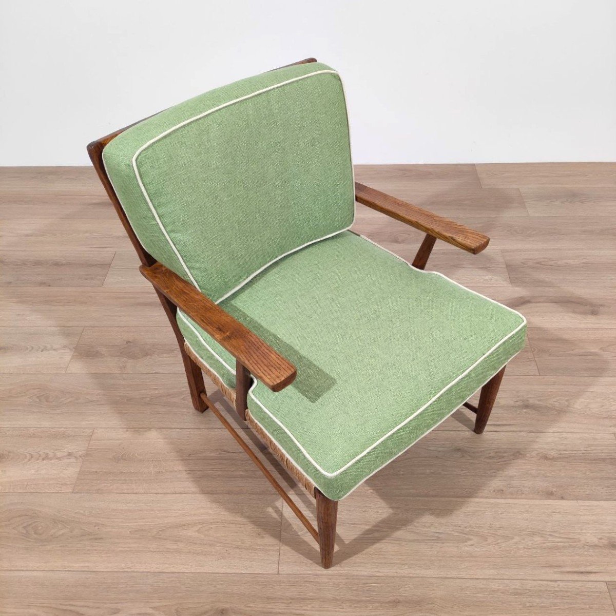 1950s Armchair, In Chestnut Wood And Woven Straw-photo-4