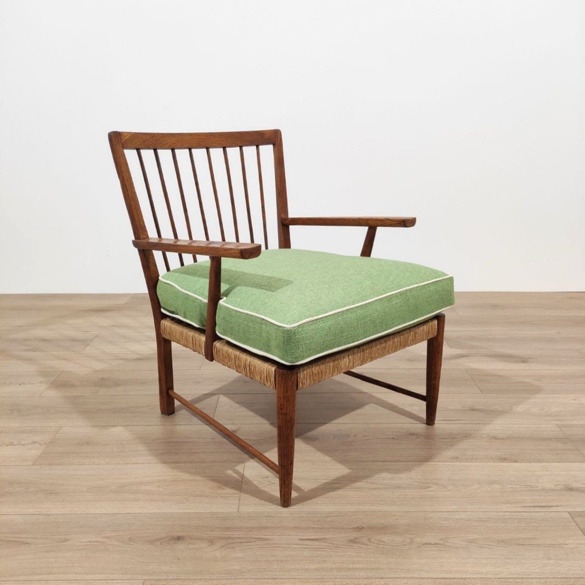 1950s Armchair, In Chestnut Wood And Woven Straw-photo-1