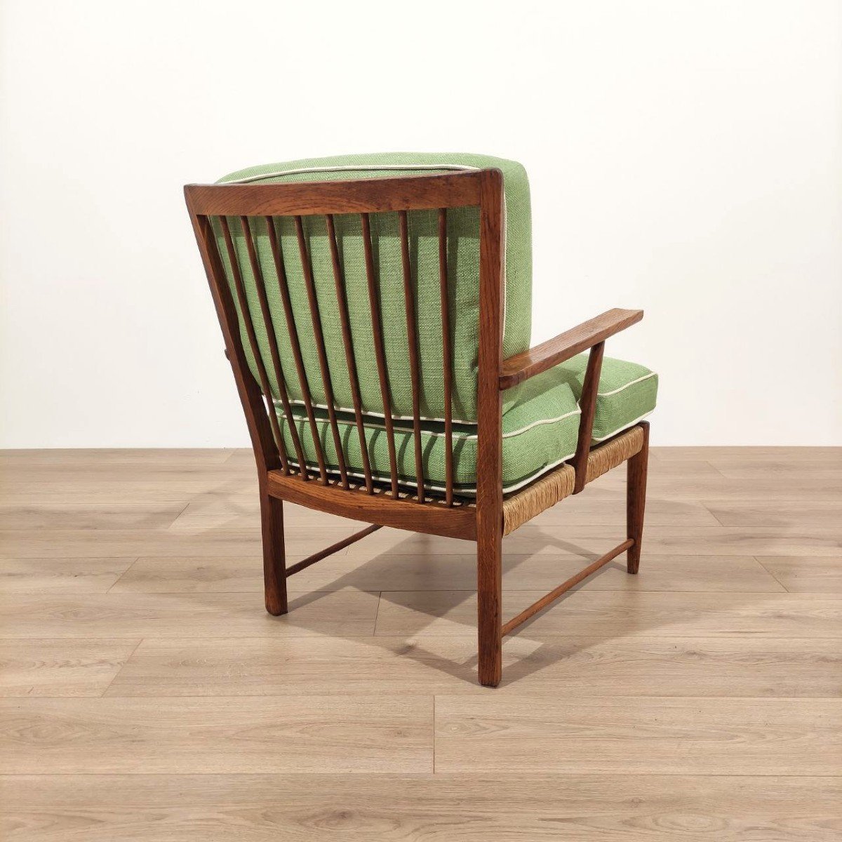 1950s Armchair, In Chestnut Wood And Woven Straw-photo-2