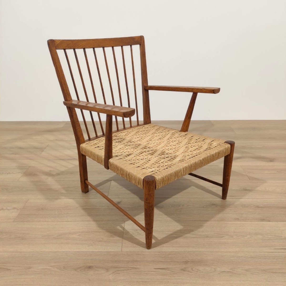 1950s Armchair, In Chestnut Wood And Woven Straw-photo-3