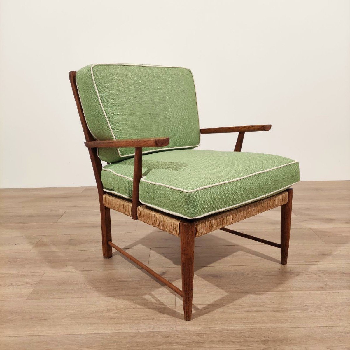 1950s Armchair, In Chestnut Wood And Woven Straw