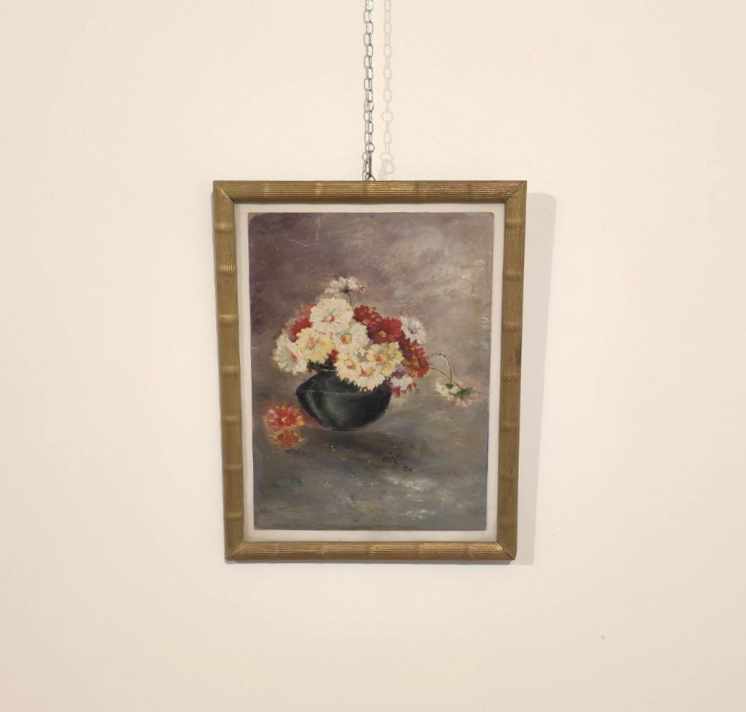 Oil Painting Vase Of Flowers, Early 1900s-photo-2