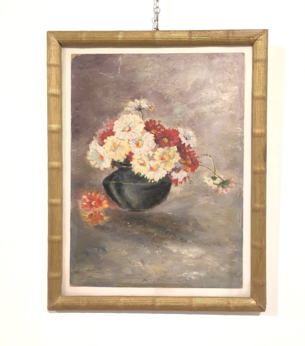 Oil Painting Vase Of Flowers, Early 1900s-photo-3