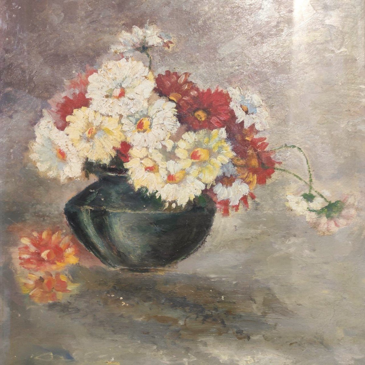 Oil Painting Vase Of Flowers, Early 1900s-photo-4