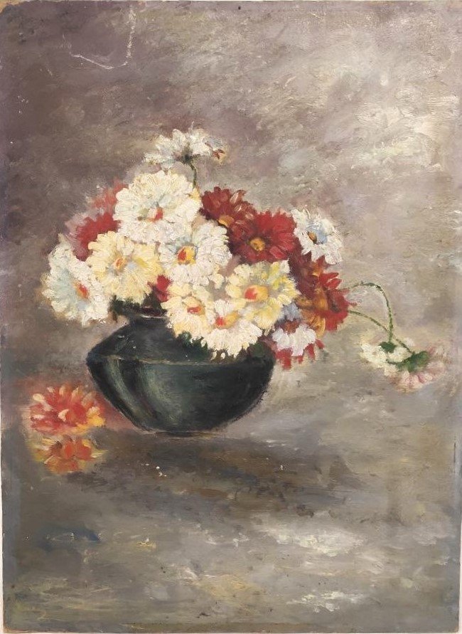 Oil Painting Vase Of Flowers, Early 1900s