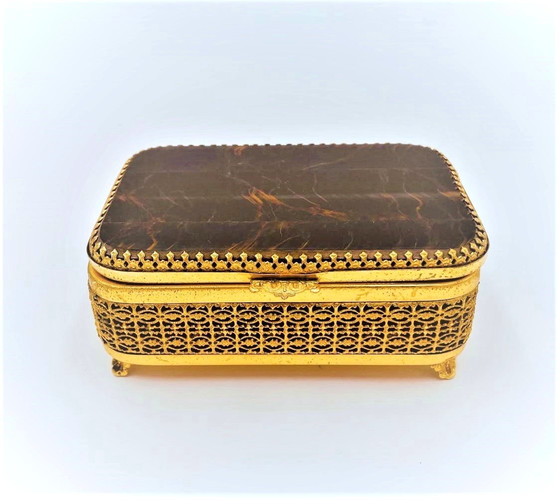 Brass And Tiger Eye Stone Box, Italy 1950s-photo-2