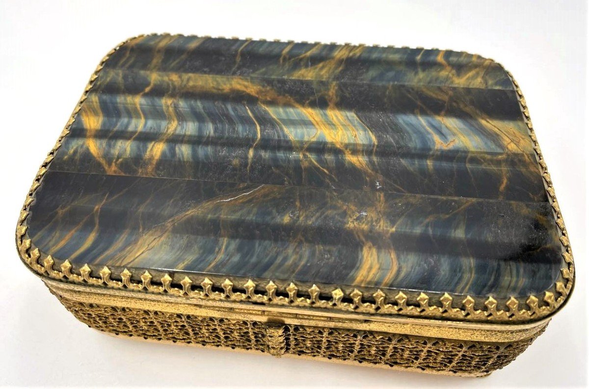 Brass And Tiger Eye Stone Box, Italy 1950s-photo-3