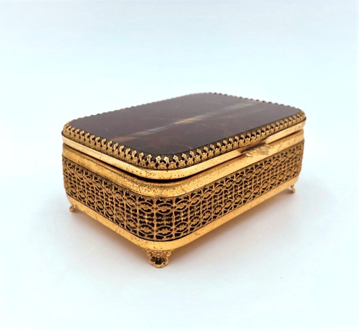 Brass And Tiger Eye Stone Box, Italy 1950s