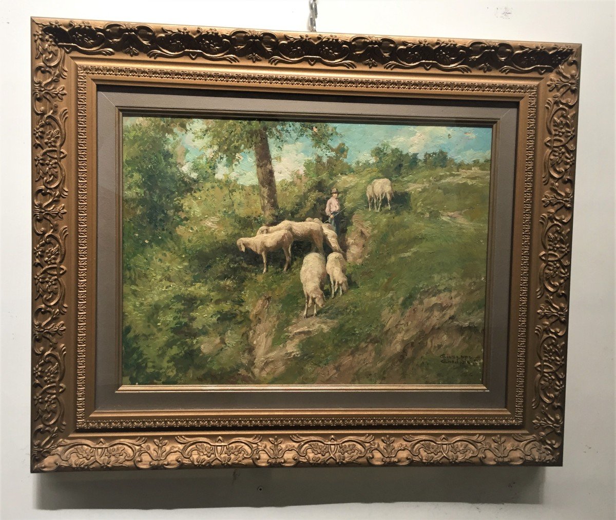 Giuseppe Gheduzzi, huile sur panneau « Moutons au pâturage », début des années 1900-photo-2