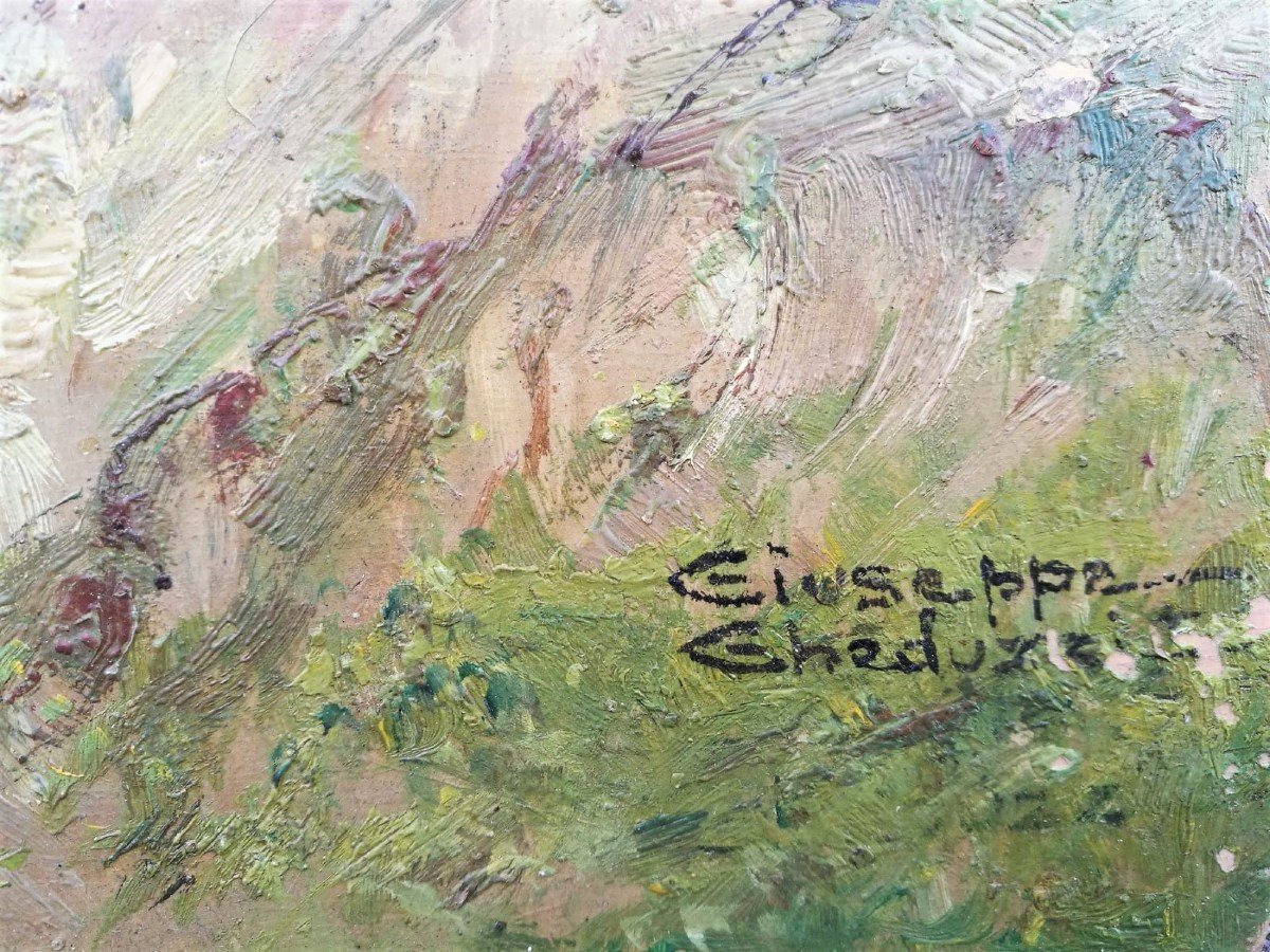 Giuseppe Gheduzzi, huile sur panneau « Moutons au pâturage », début des années 1900-photo-1