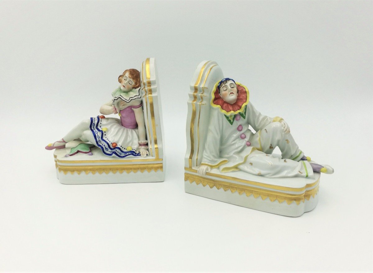 Muller & Co. Ceramic Bookends 'pierrot And Pierrette', 1920s/30s