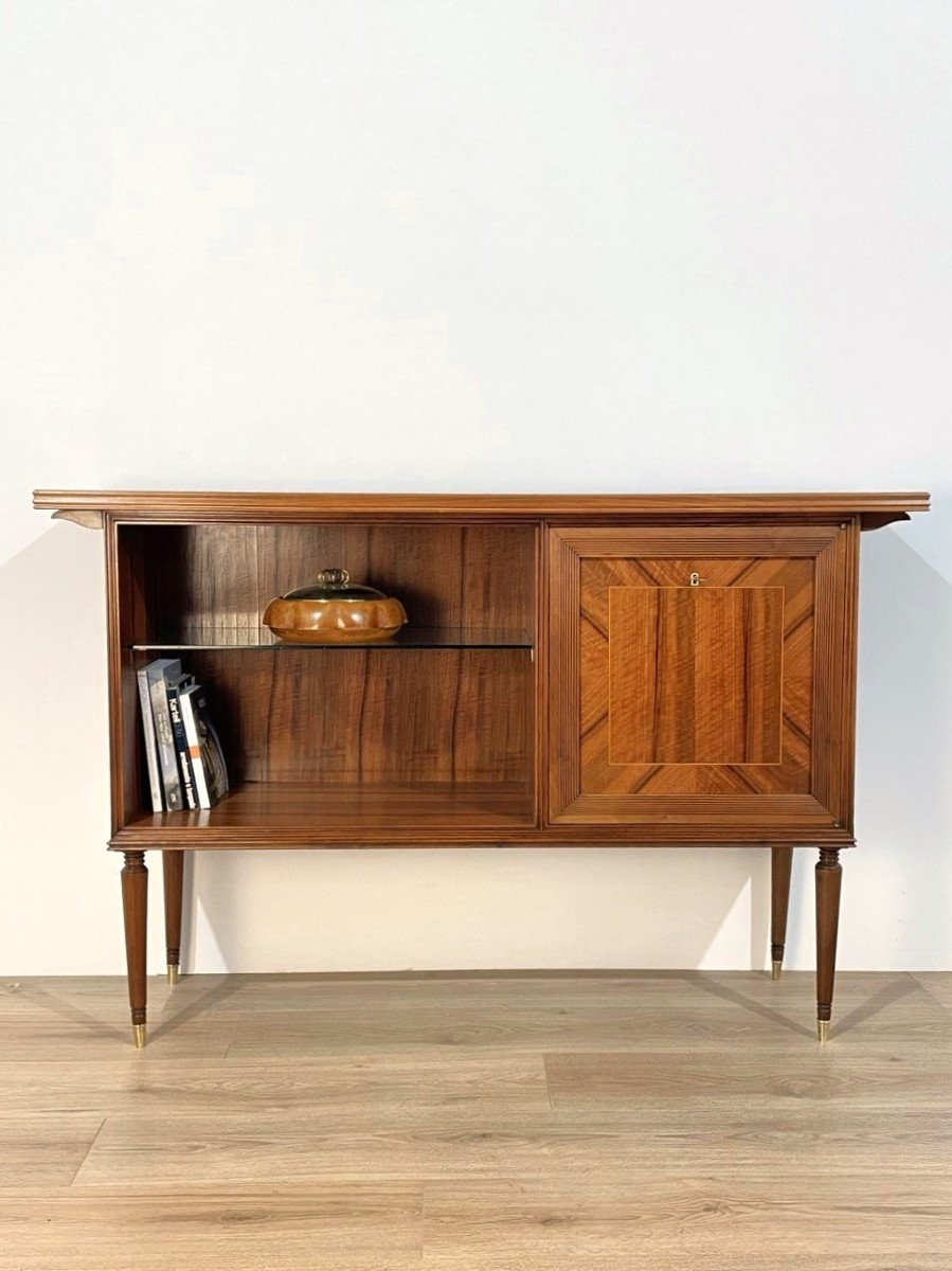 Open Walnut Sideboard With Bar, Italy 1950s