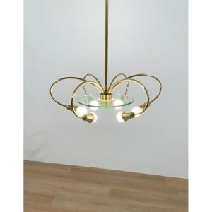 Brass And Glass Pendant Lamp, Italy, 1950s