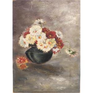 Peinture à l'Huile d'Un Vase De Fleurs, Début Des Années 1900