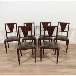 Groupe de 6 chaises en acajou conçues par Jacques E. Ruhlman, années 1940