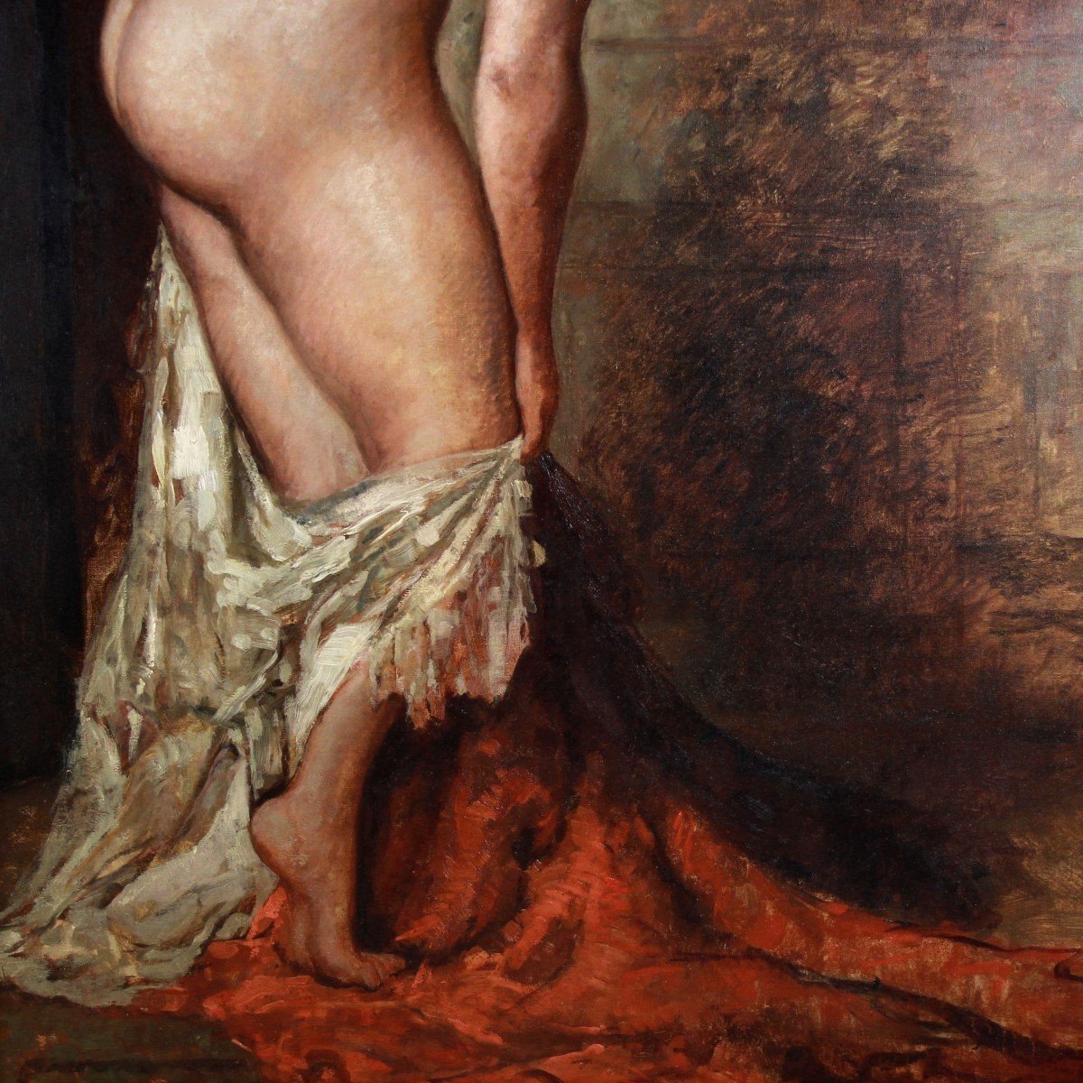 Large Oil On Canvas Draped Nude By Emile Baes-photo-4