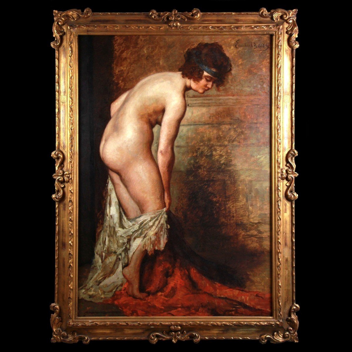 Large Oil On Canvas Draped Nude By Emile Baes-photo-1