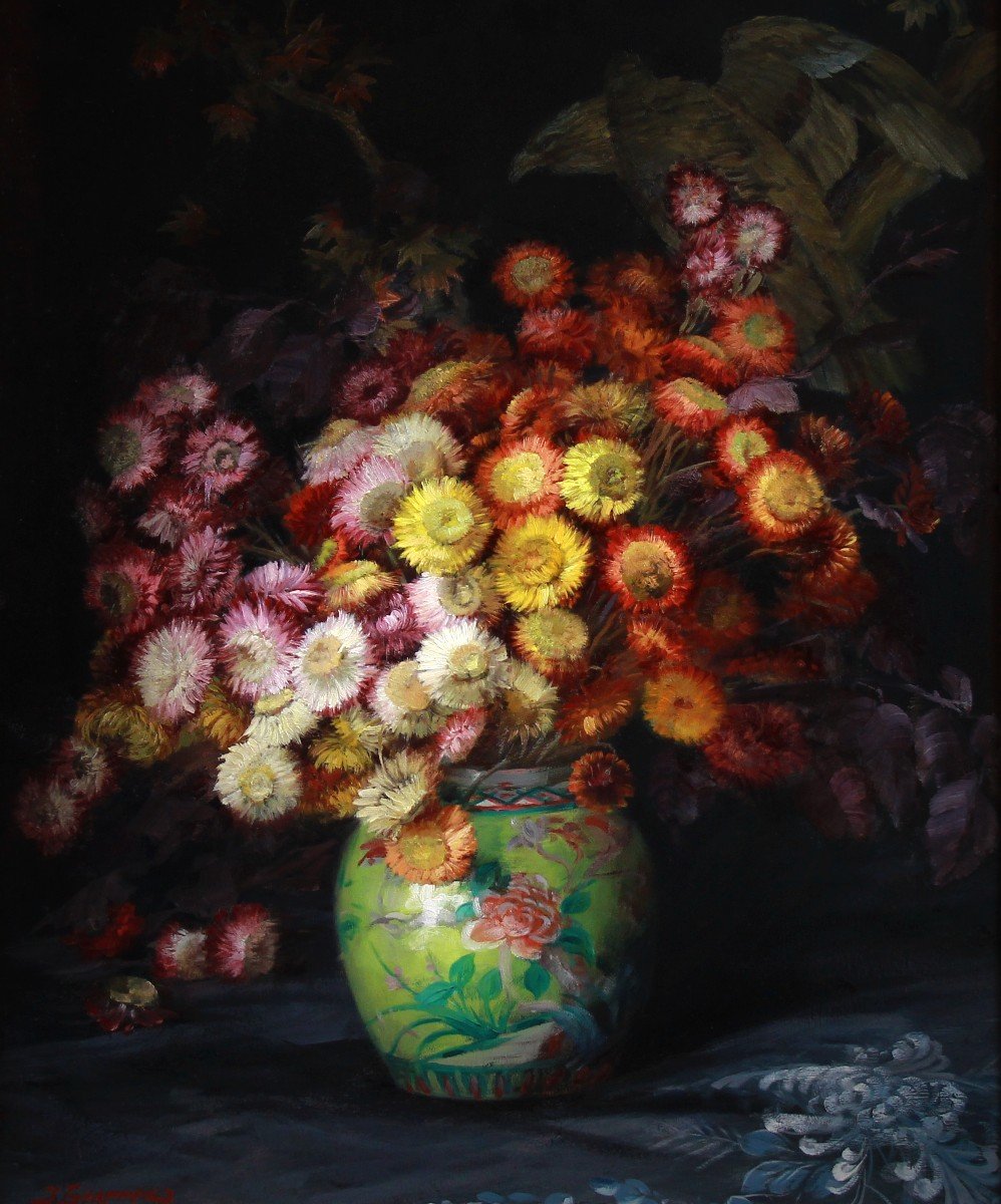 Oil On Canvas "still Life With Flowers And Chinese Vase" By Julien Stappers-photo-2