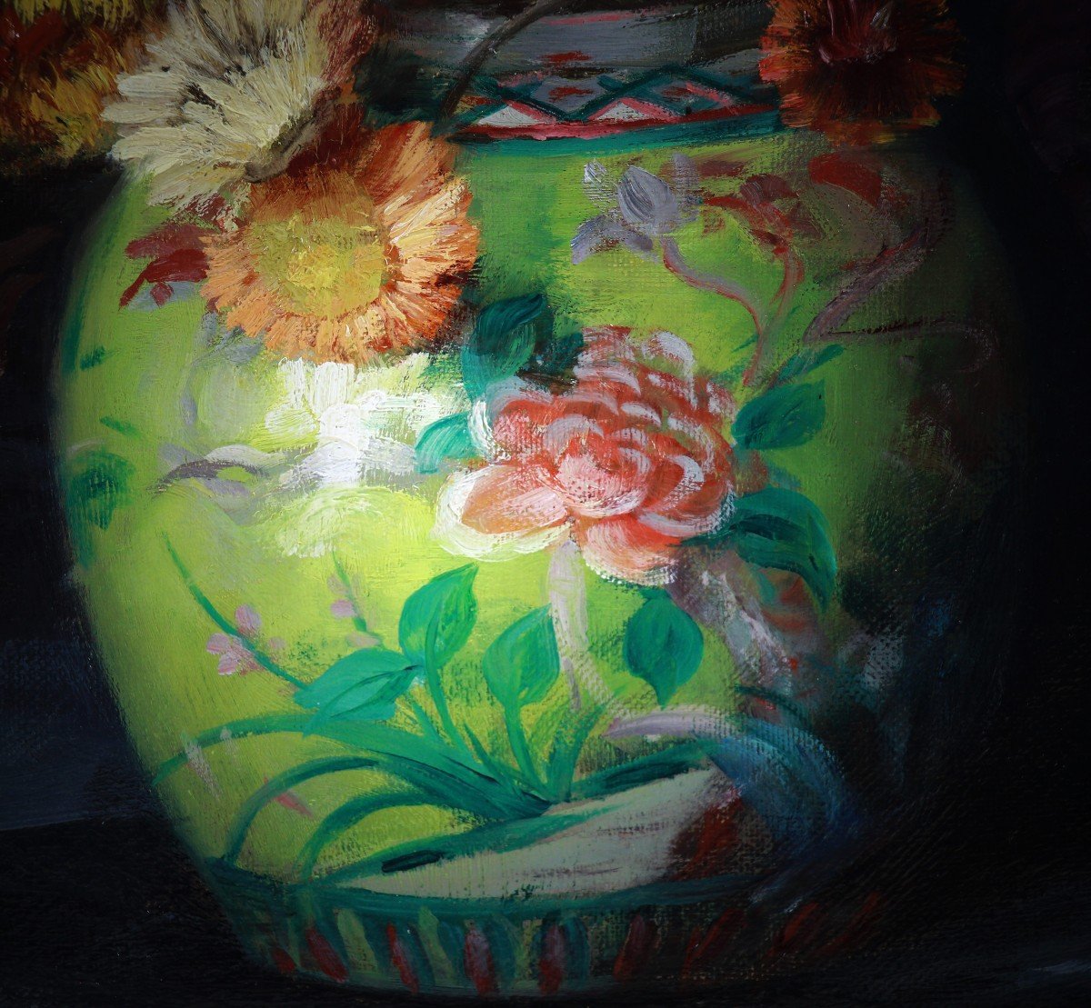 Oil On Canvas "still Life With Flowers And Chinese Vase" By Julien Stappers-photo-4